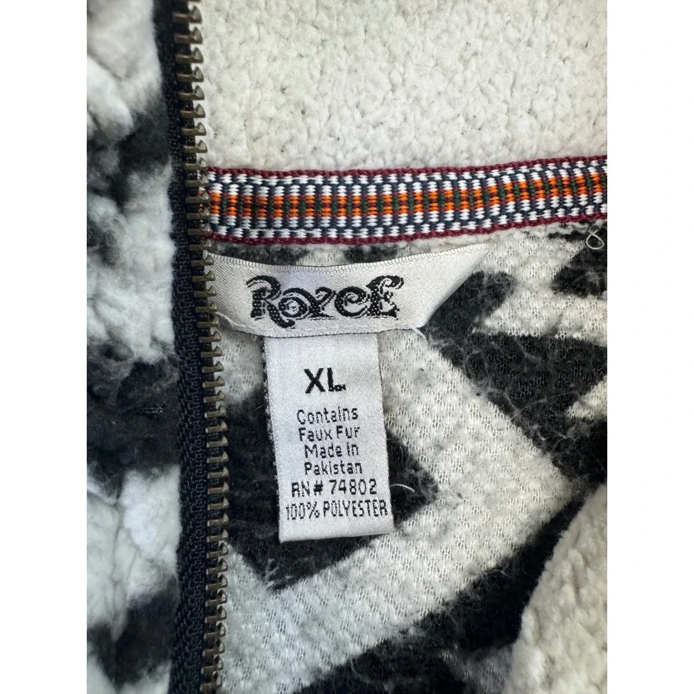 Royce Faux Fur Fleece Pullover XL Black White Geometric Quarter Zip‎ Mock Neck
